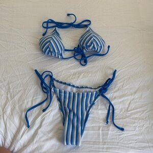 Amazon Blue and White Striped Tie-Side Bikini never worn